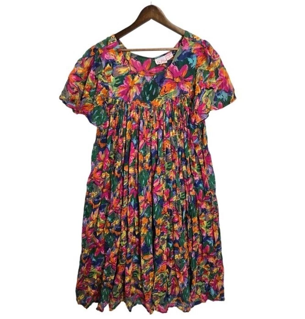 Sita Vintage Floral Dress M Colorful Gauzy Boho Cottagecore Nepalese Cotton